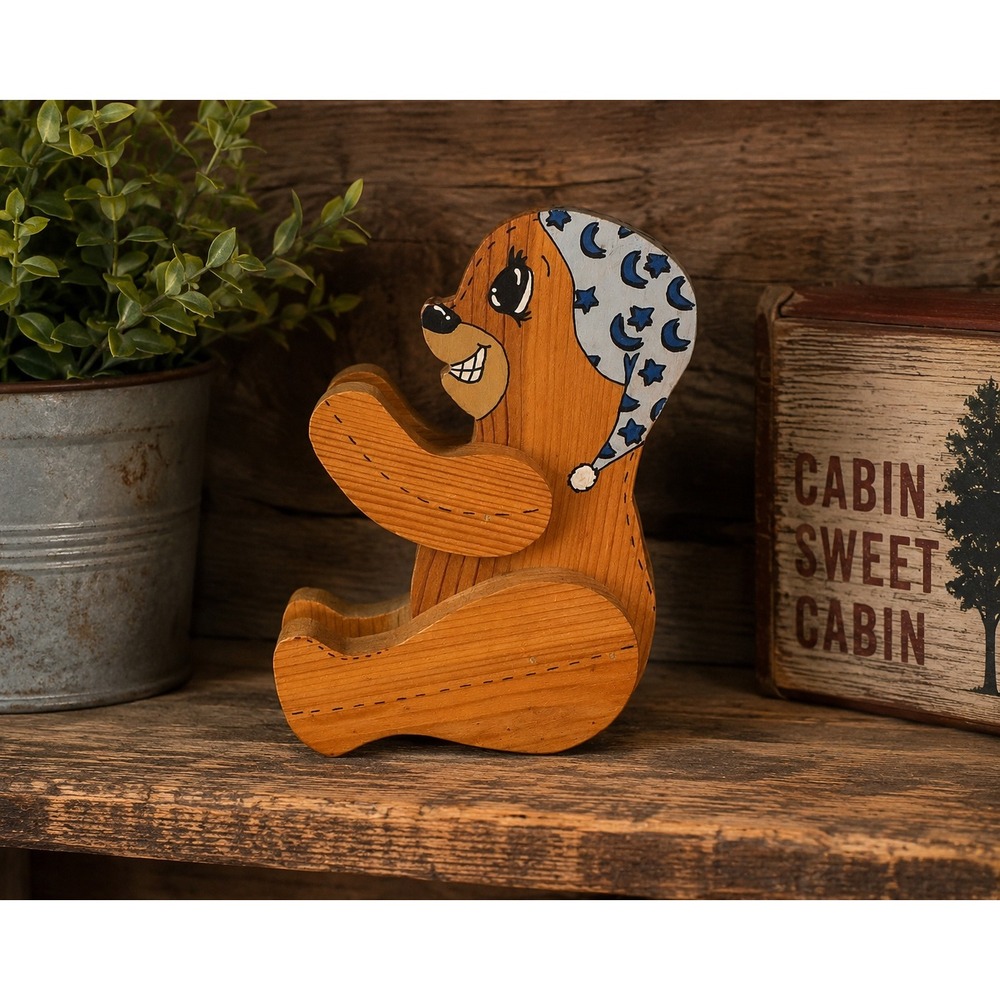 Vintage 1991 Cat & Wooden Teddy Bear Figurine Nightcap Moon Stars Decor